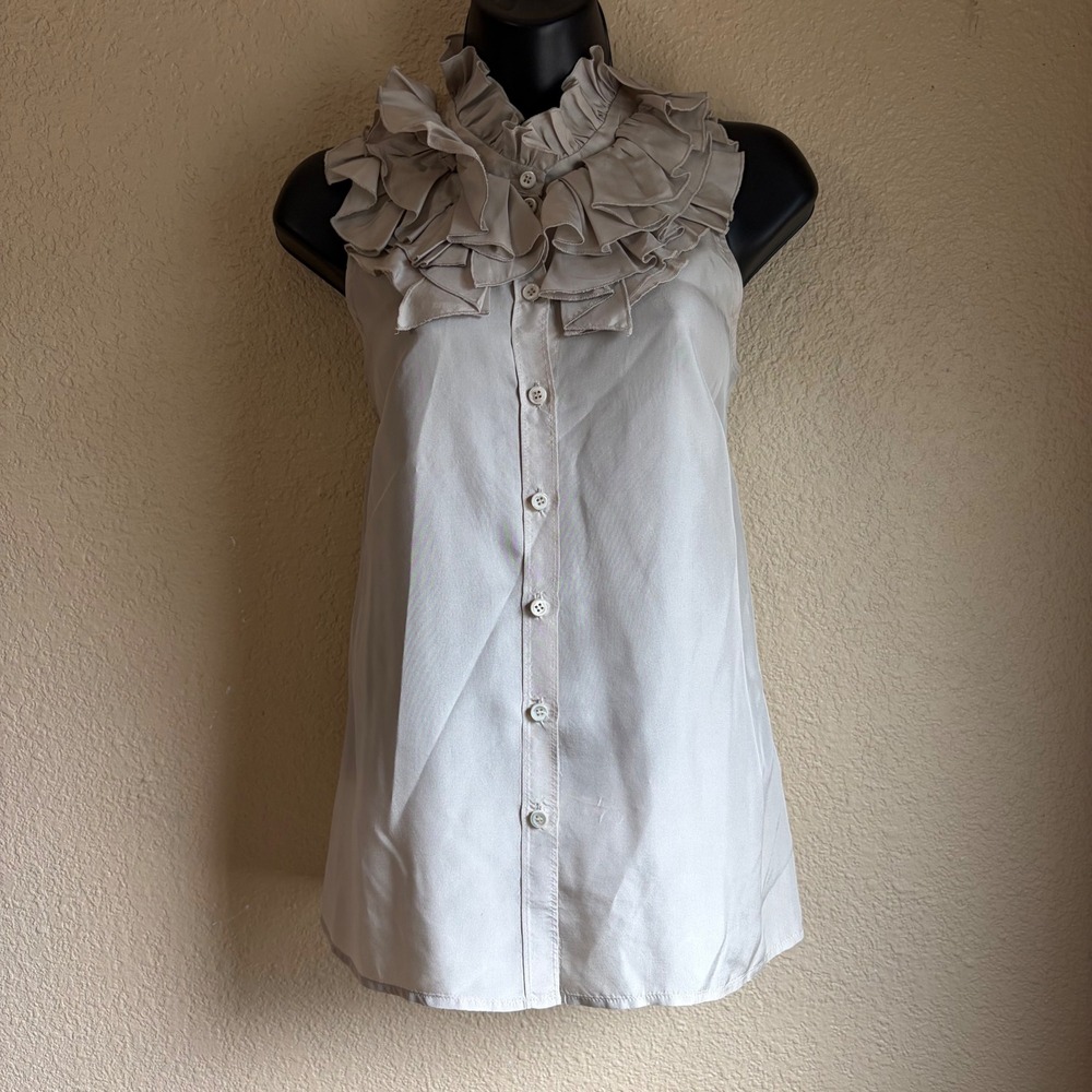 J.Crew Women Taupe 100% Silk Ruffle Neck Sleeveless Button Down Blouse Size 4